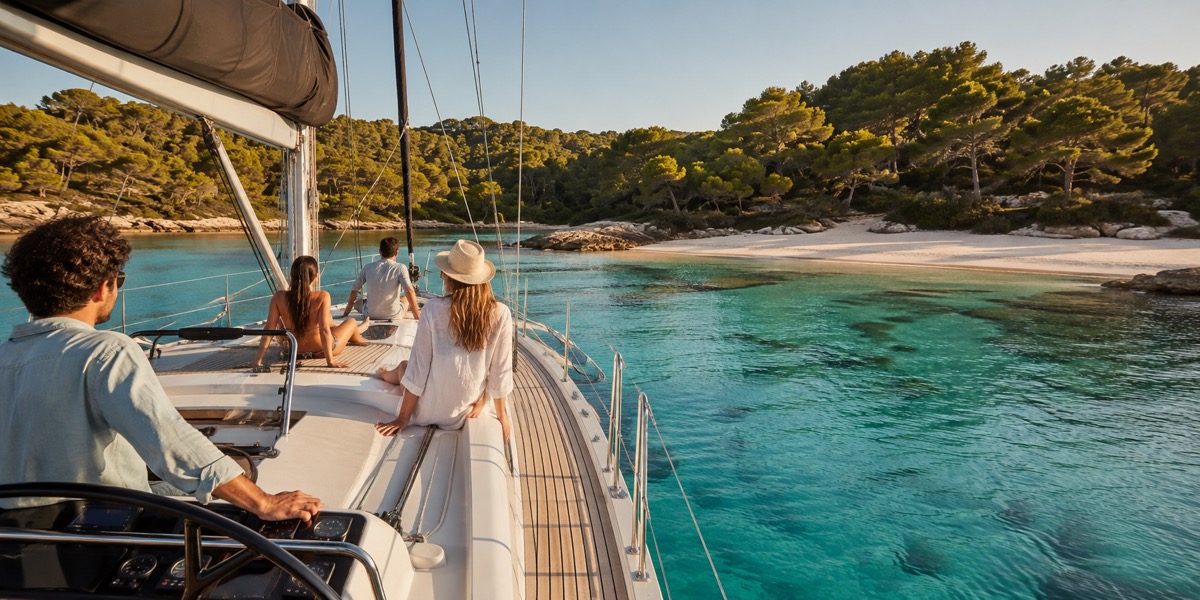 Sailing yacht entering a sheltered turquoise cove in the Balearic Islands