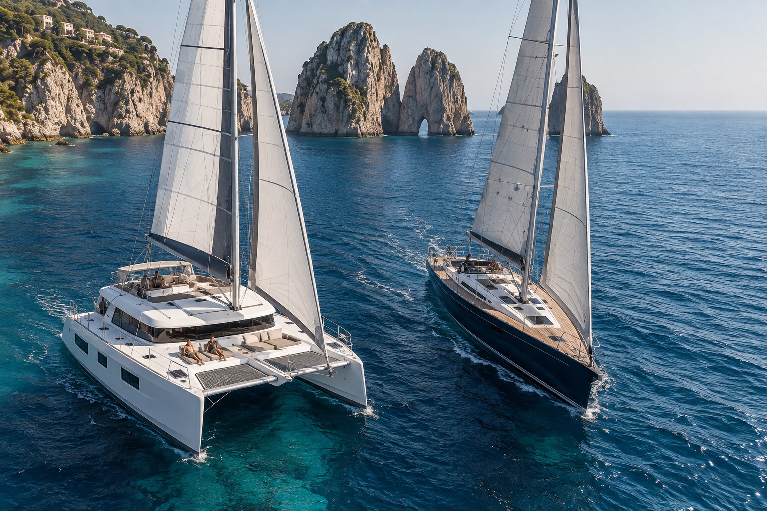 A catamaran and a monohull sailing side by side near Capri’s Faraglioni