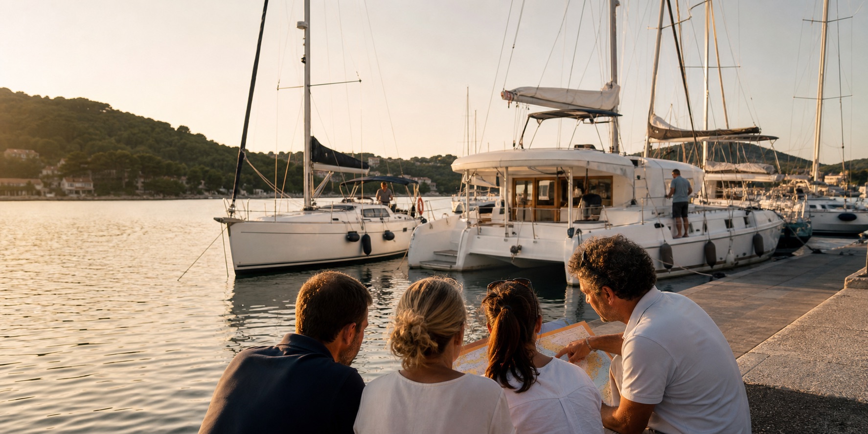 A group reviewing a sailing route with a skipper in a Mediterranean marina