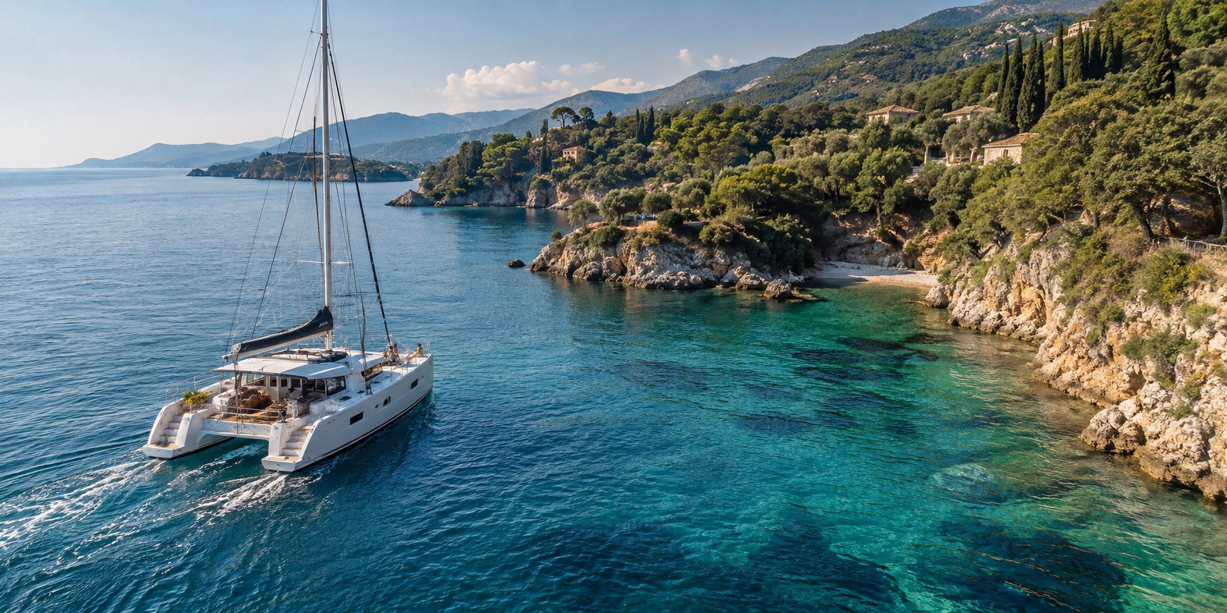 A yacht entering Gaios harbour on Paxos between green islets