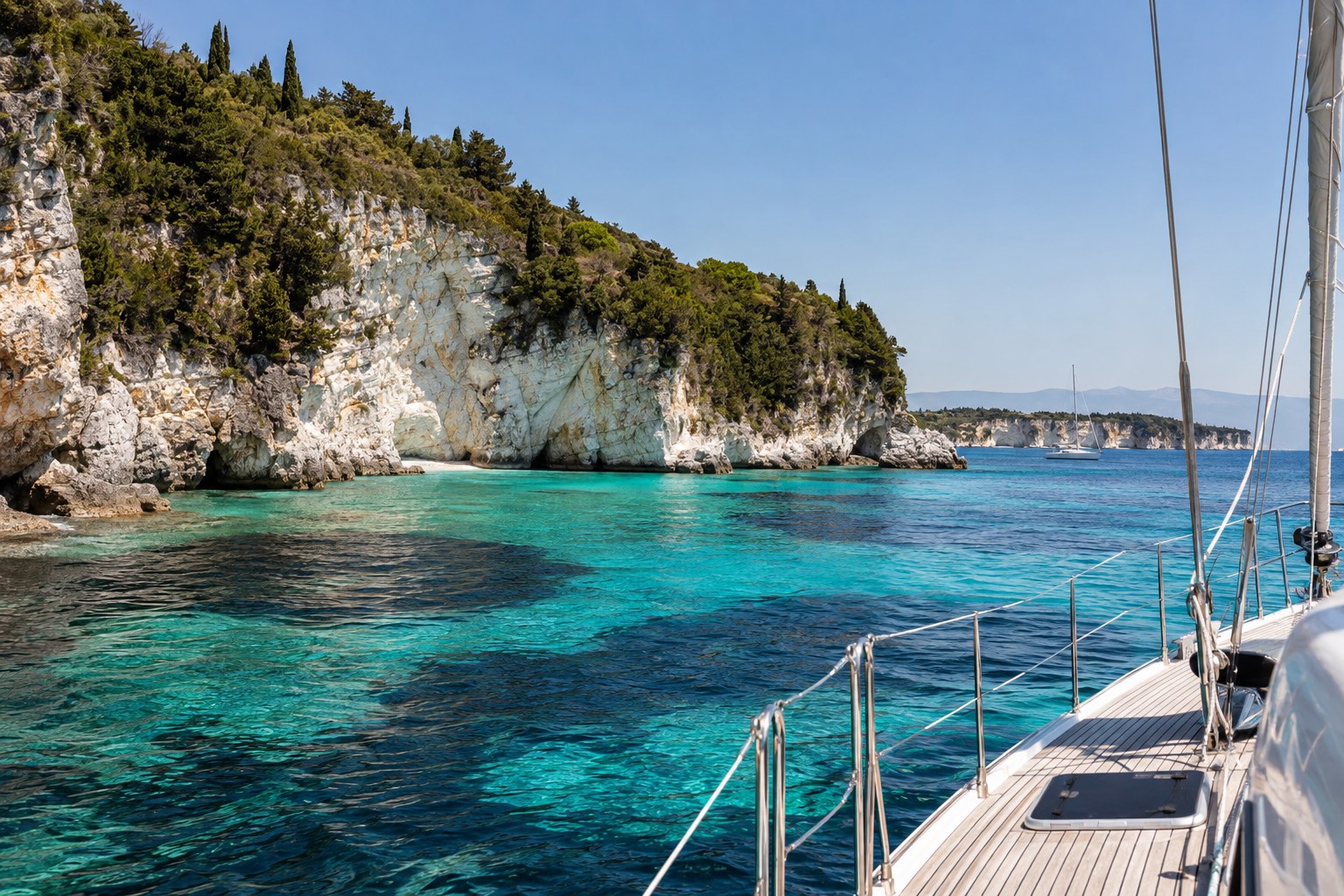 A yacht entering Gaios harbour on Paxos between green islets