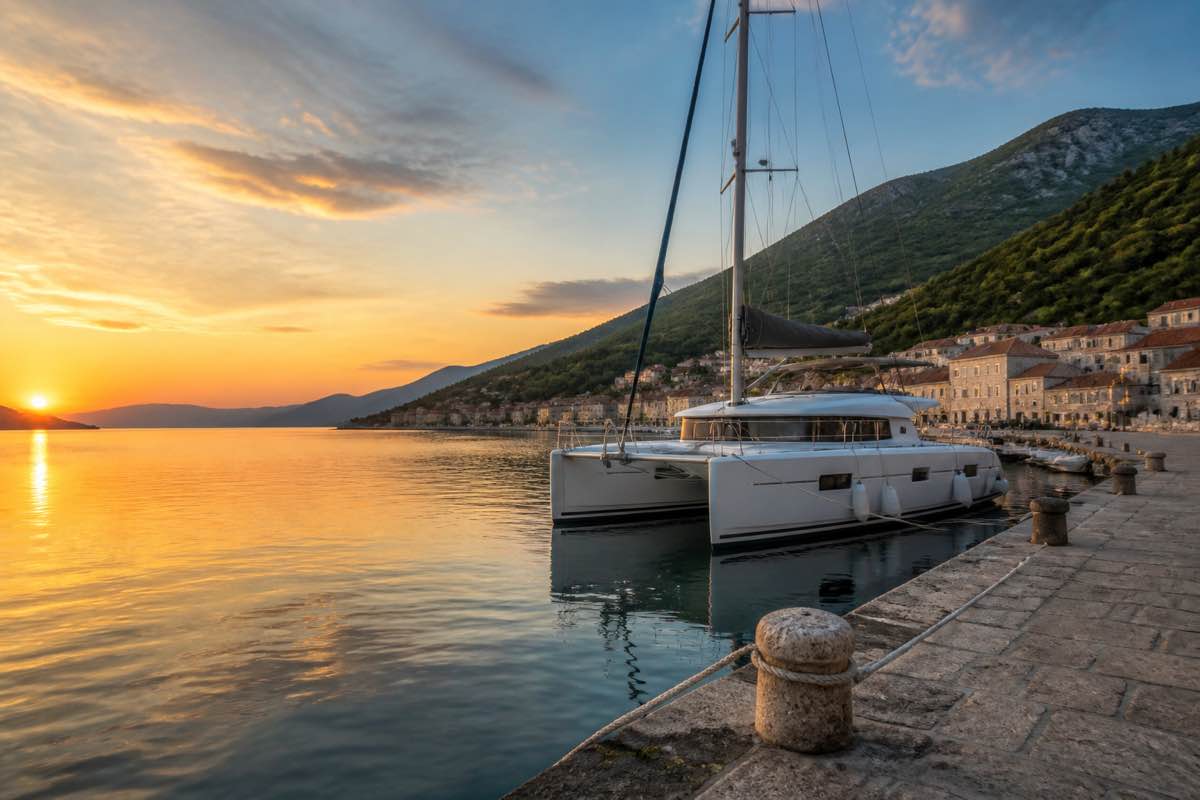 Catamaran in a Croatian marina at golden hour