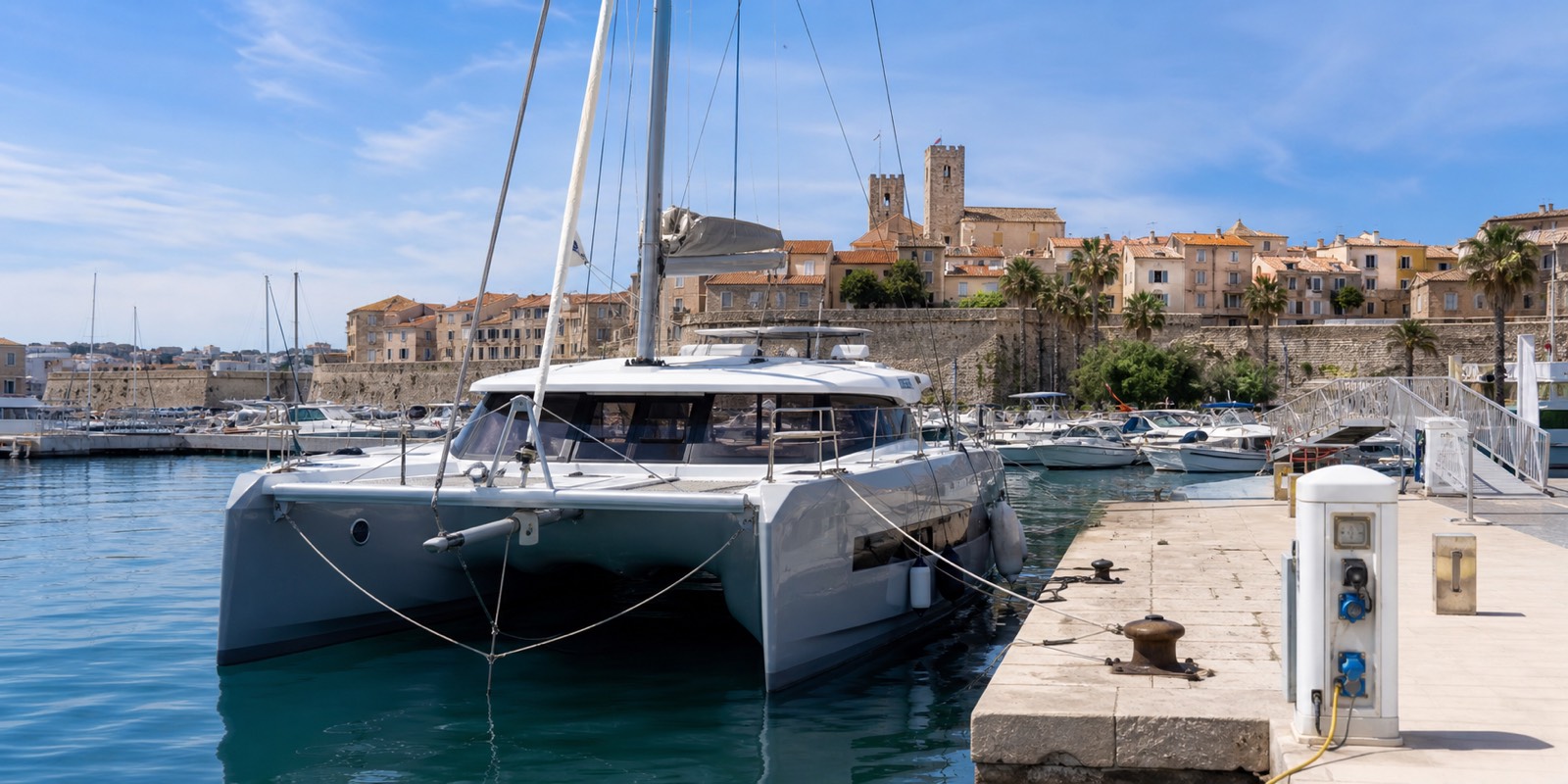 Catamaran moored in Port Vauban, Antibes