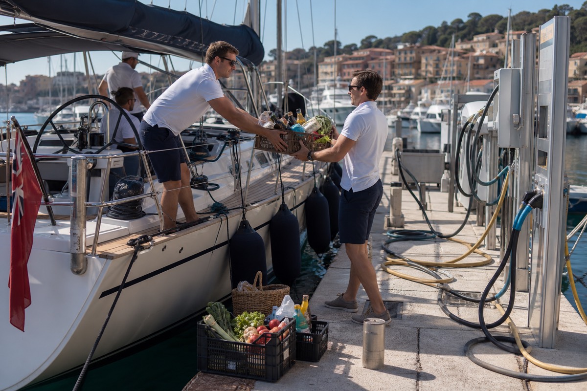 Provisioning and fuel service beside a yacht on the French Riviera