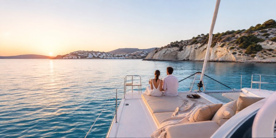 Newlywed couple relaxing on a catamaran in the Greek islands