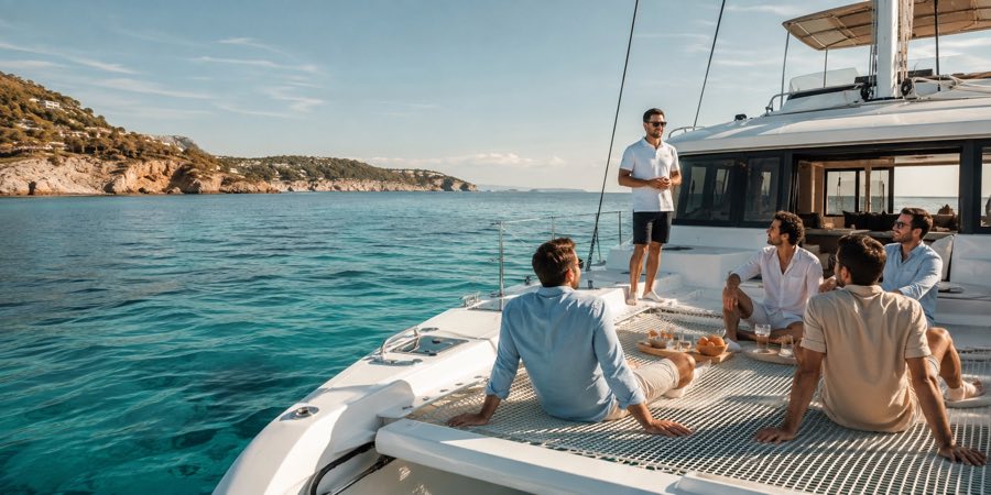 Friends enjoying a tasteful bachelor party on a crewed catamaran near Ibiza