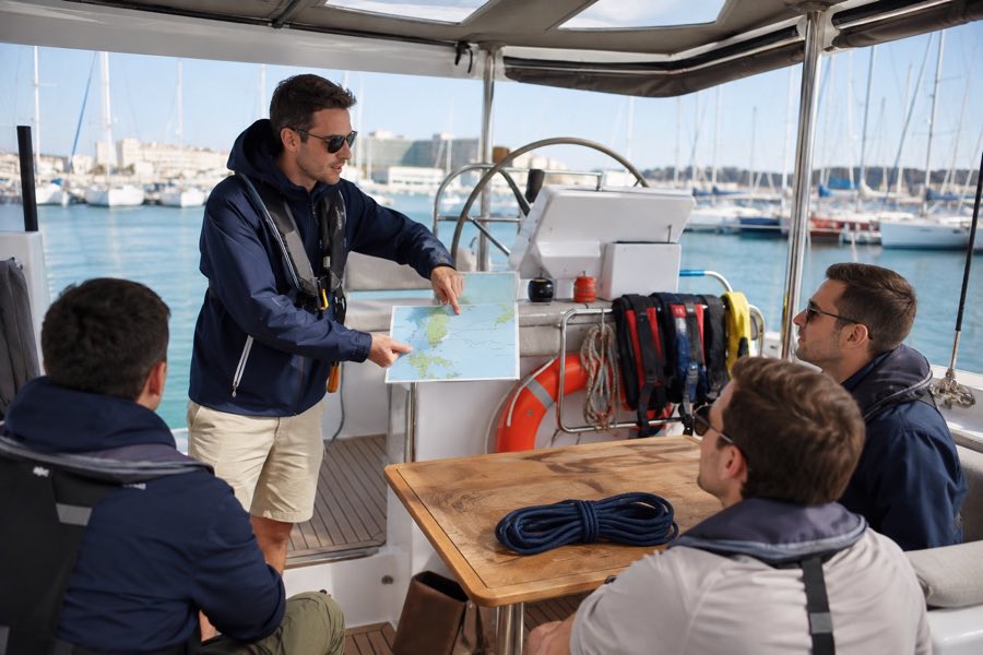 Skipper briefing friends before a bachelor yacht charter near Ibiza