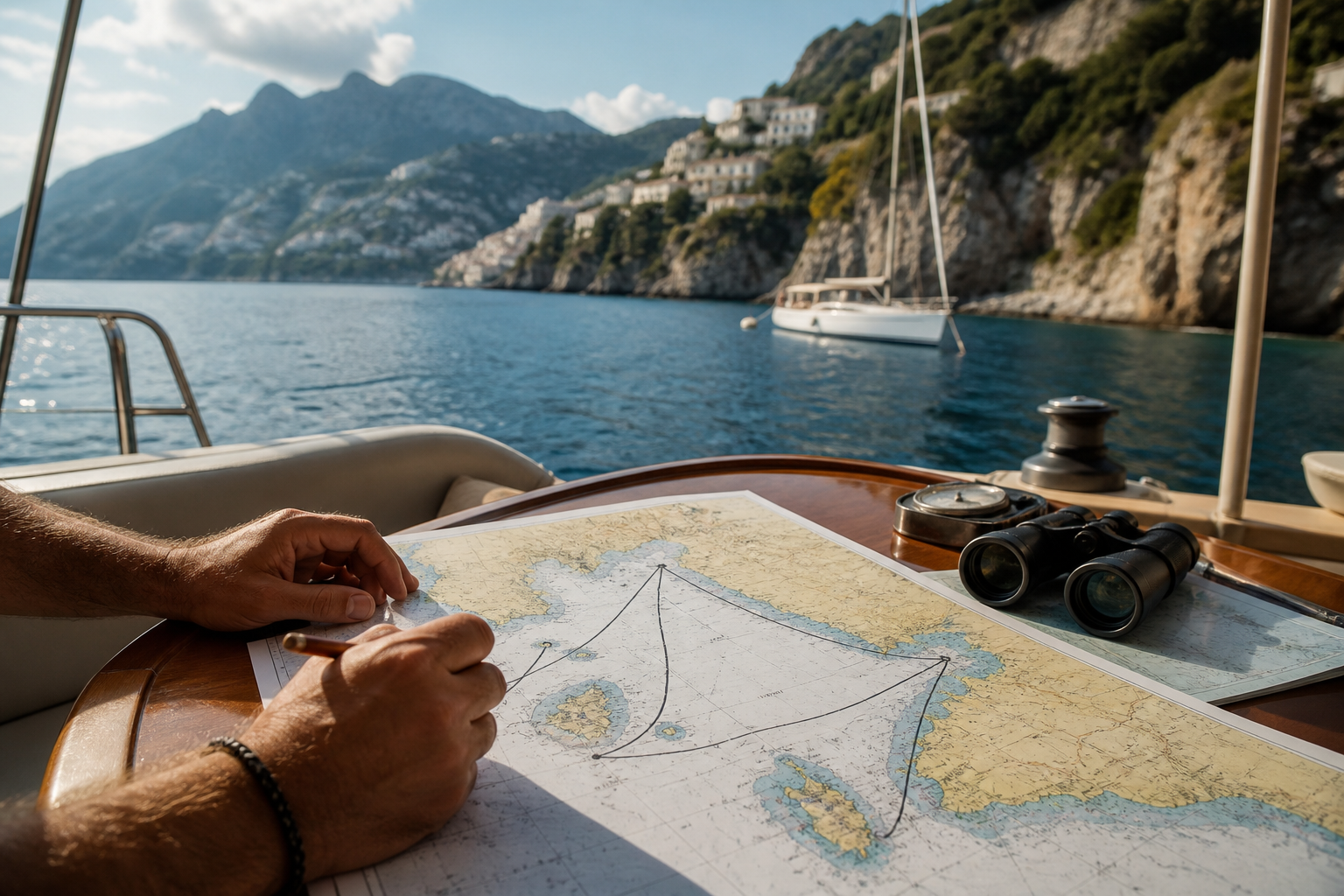 Skipper planning a Naples Gulf route between Capri, Amalfi, Ischia and Procida