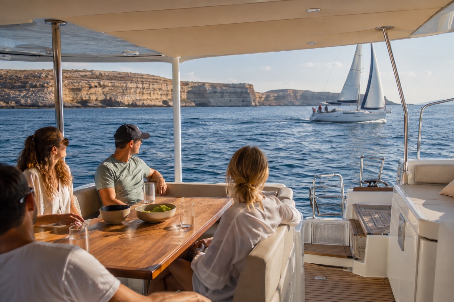 Guests relaxing safely in a shaded catamaran cockpit near Comino