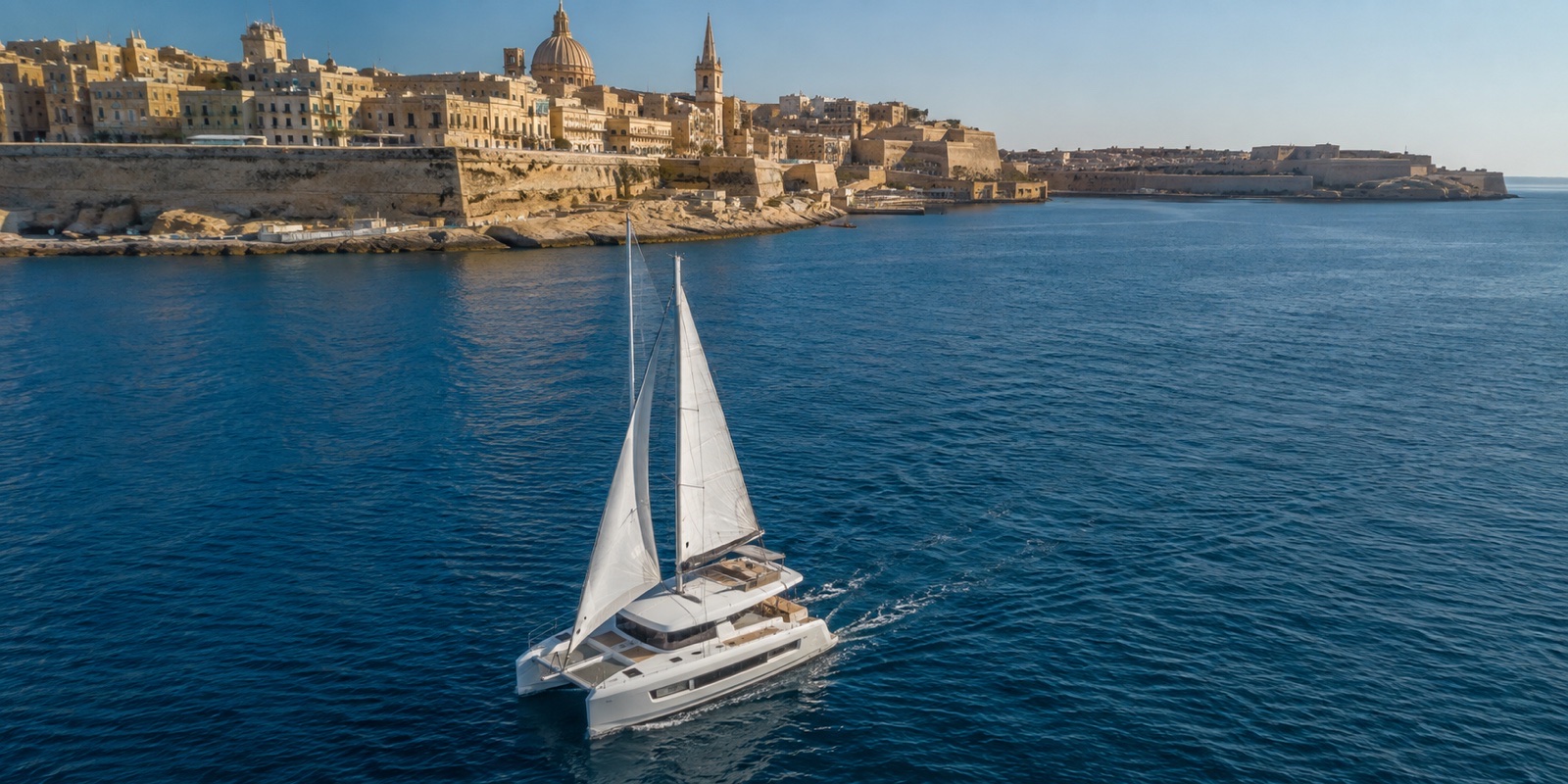 A sailing catamaran approaching Malta’s historic coastline on a first charter