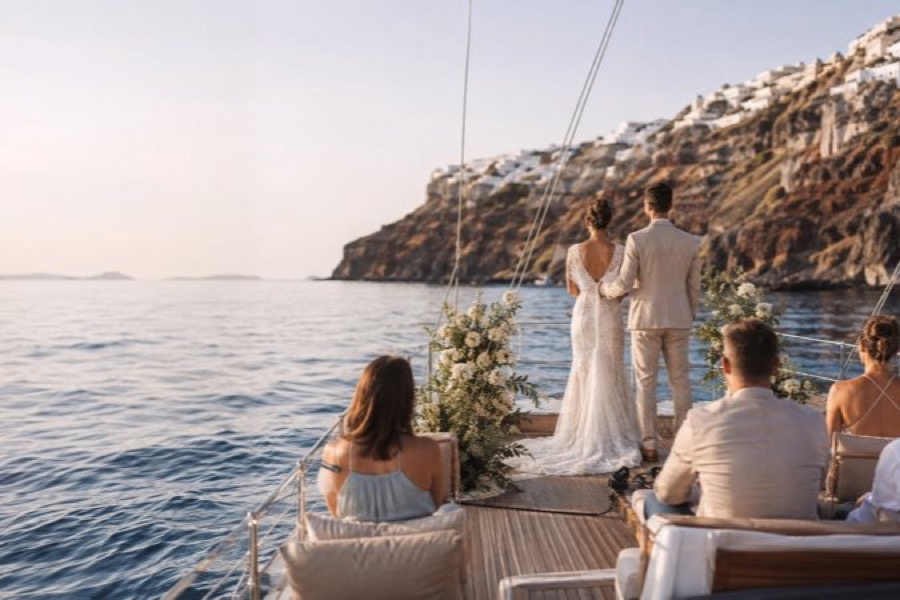Wedding planner and skipper reviewing a Greek yacht ceremony run sheet