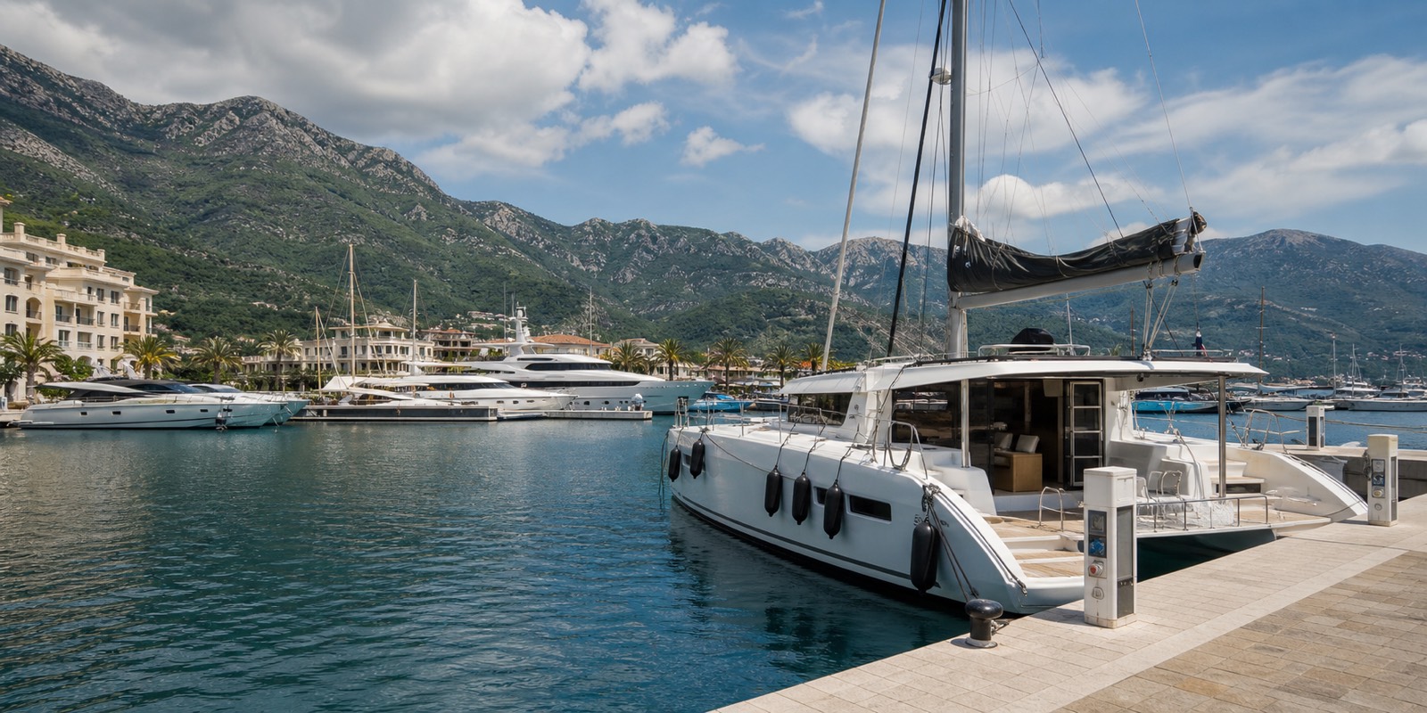Catamaran in Tivat marina with the Bay of Kotor mountains