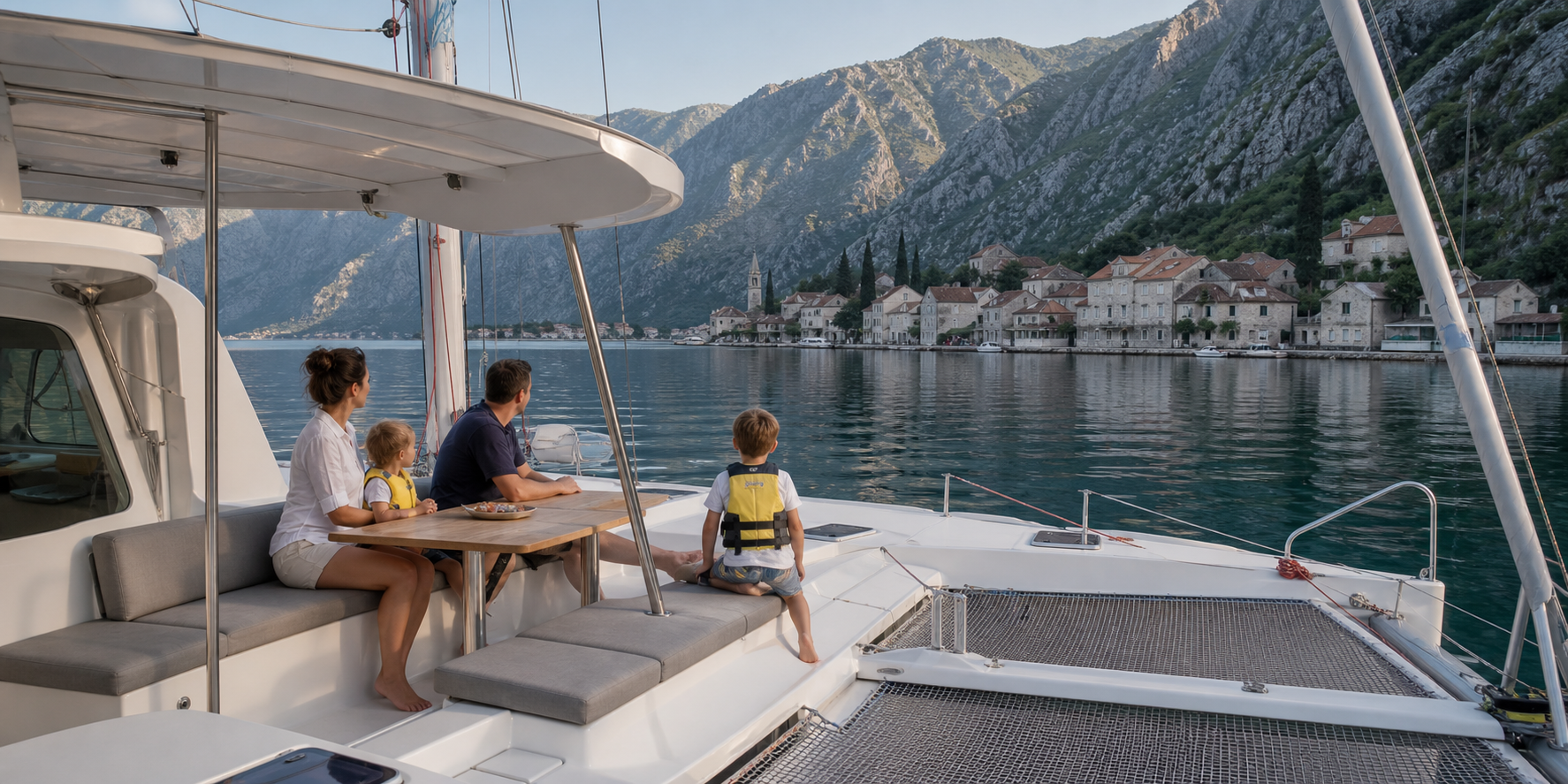 Family exploring the Bay of Kotor from a charter yacht
