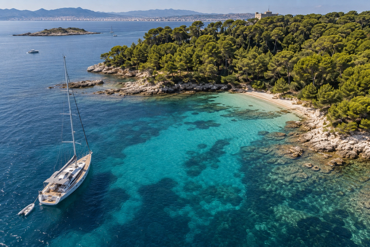 A charter yacht anchored near the Lérins Islands off Cannes