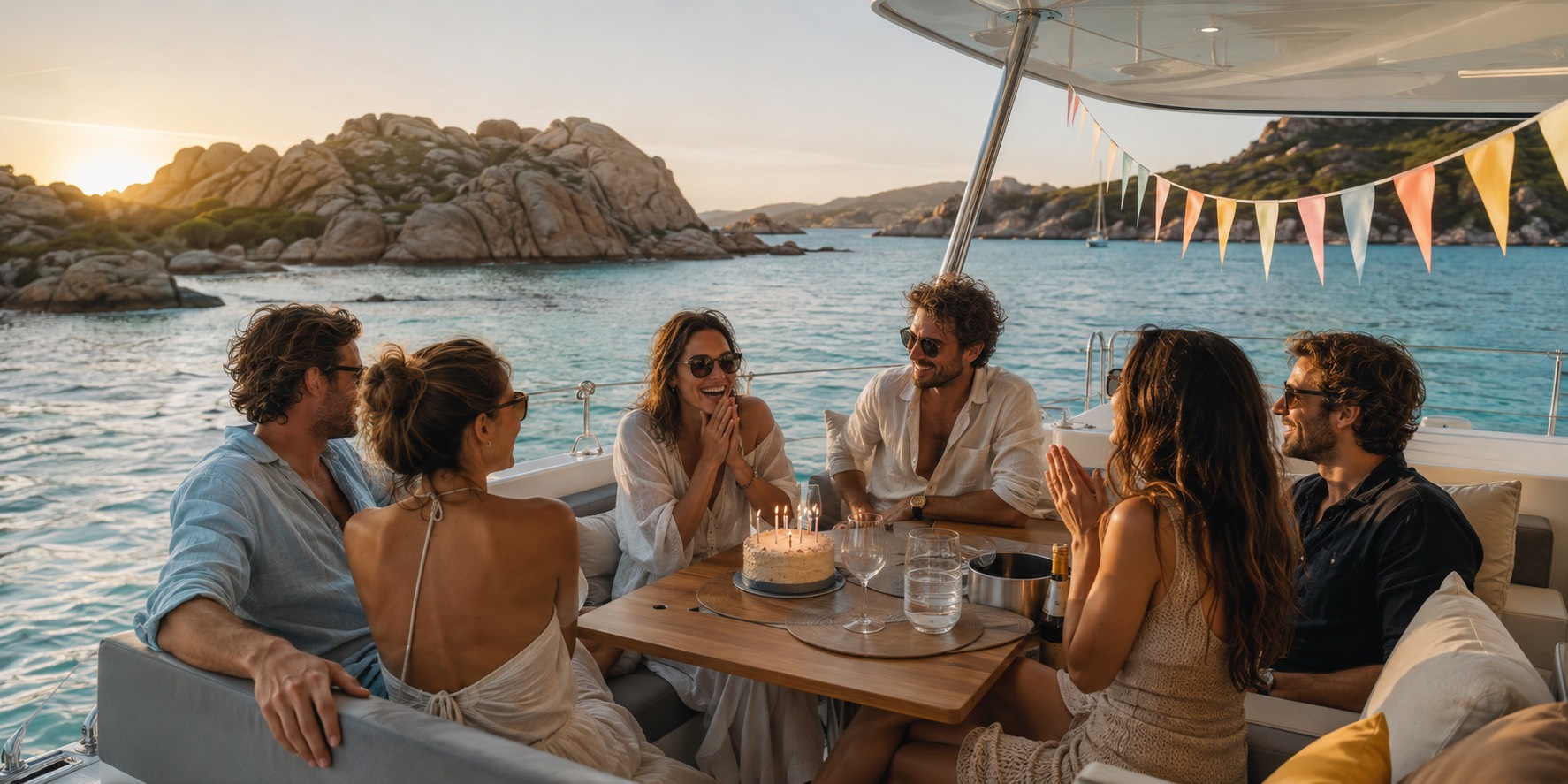 Friends celebrating a birthday on a catamaran in Sardinia's La Maddalena Archipelago
