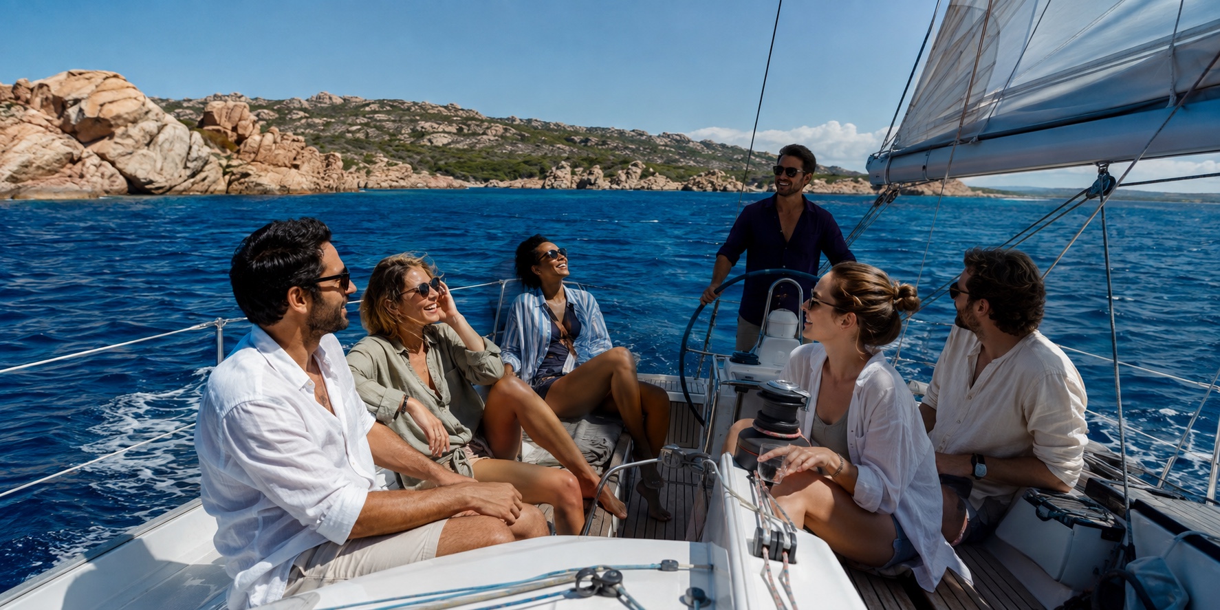 Friends sailing together along the granite coast of Sardinia