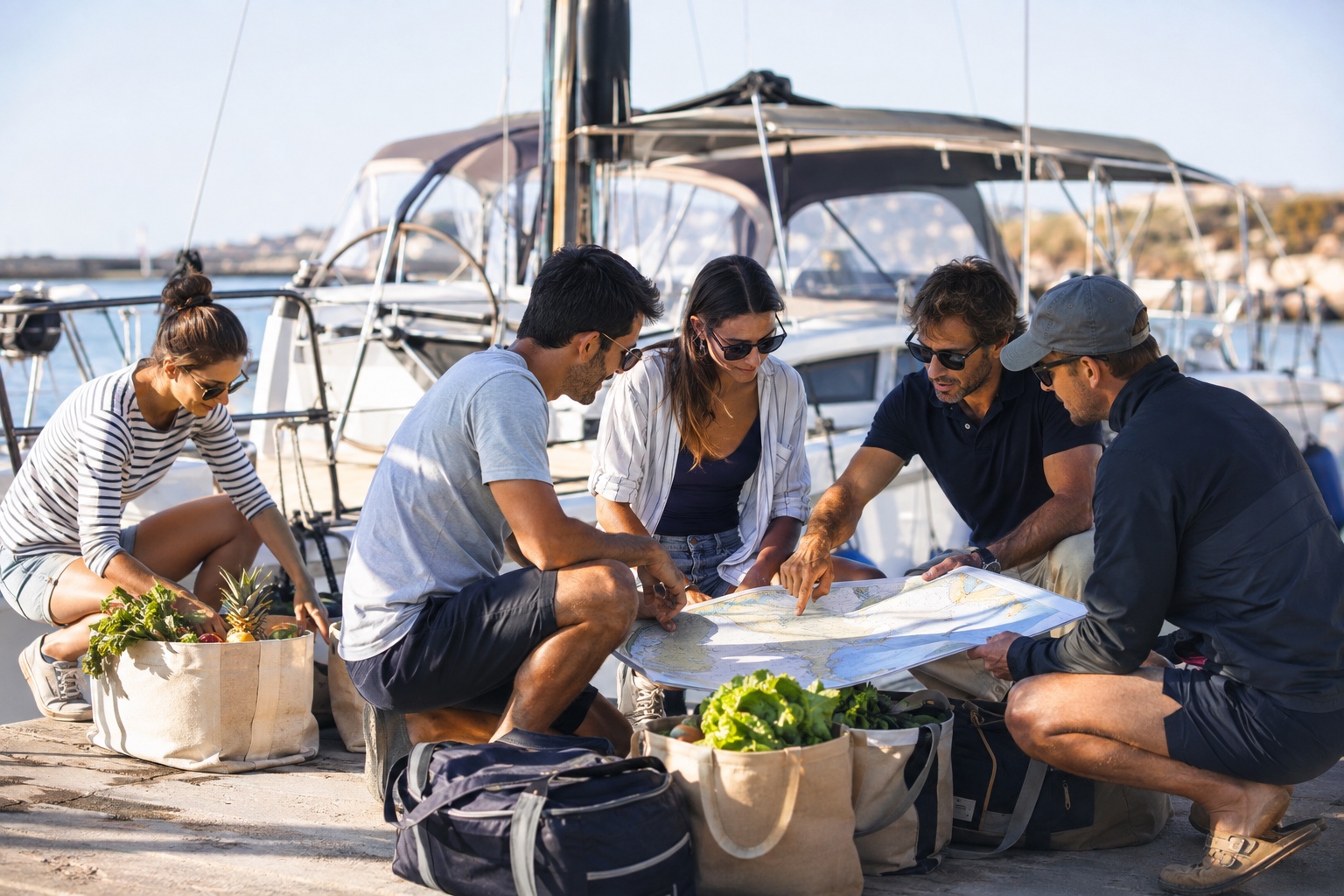 Friends planning a Sardinia sailing route and provisioning in a marina