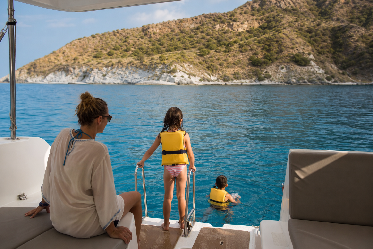 Children swimming from a catamaran near a Sicilian island
