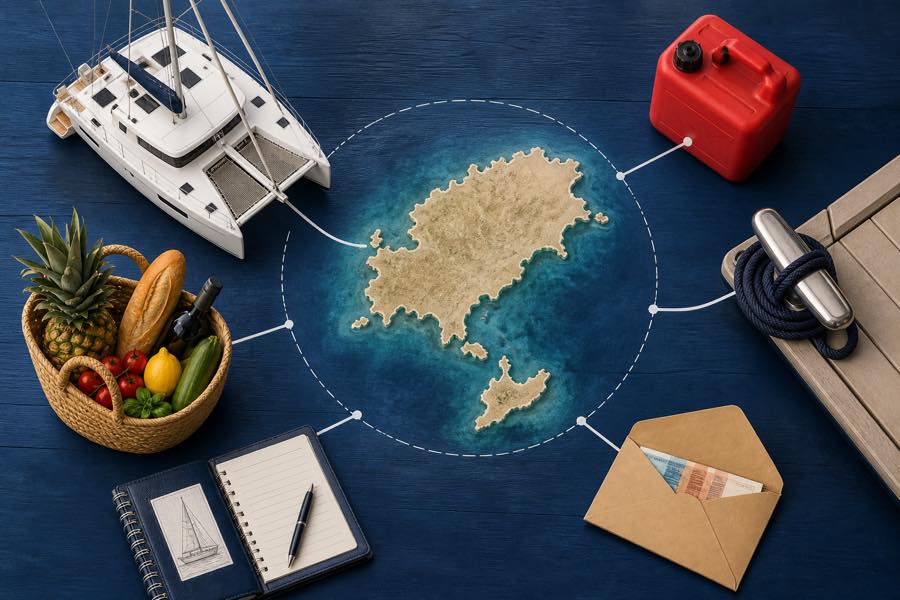 Physical components of a Balearic yacht charter budget: catamaran, fuel, provisions, mooring and deposit