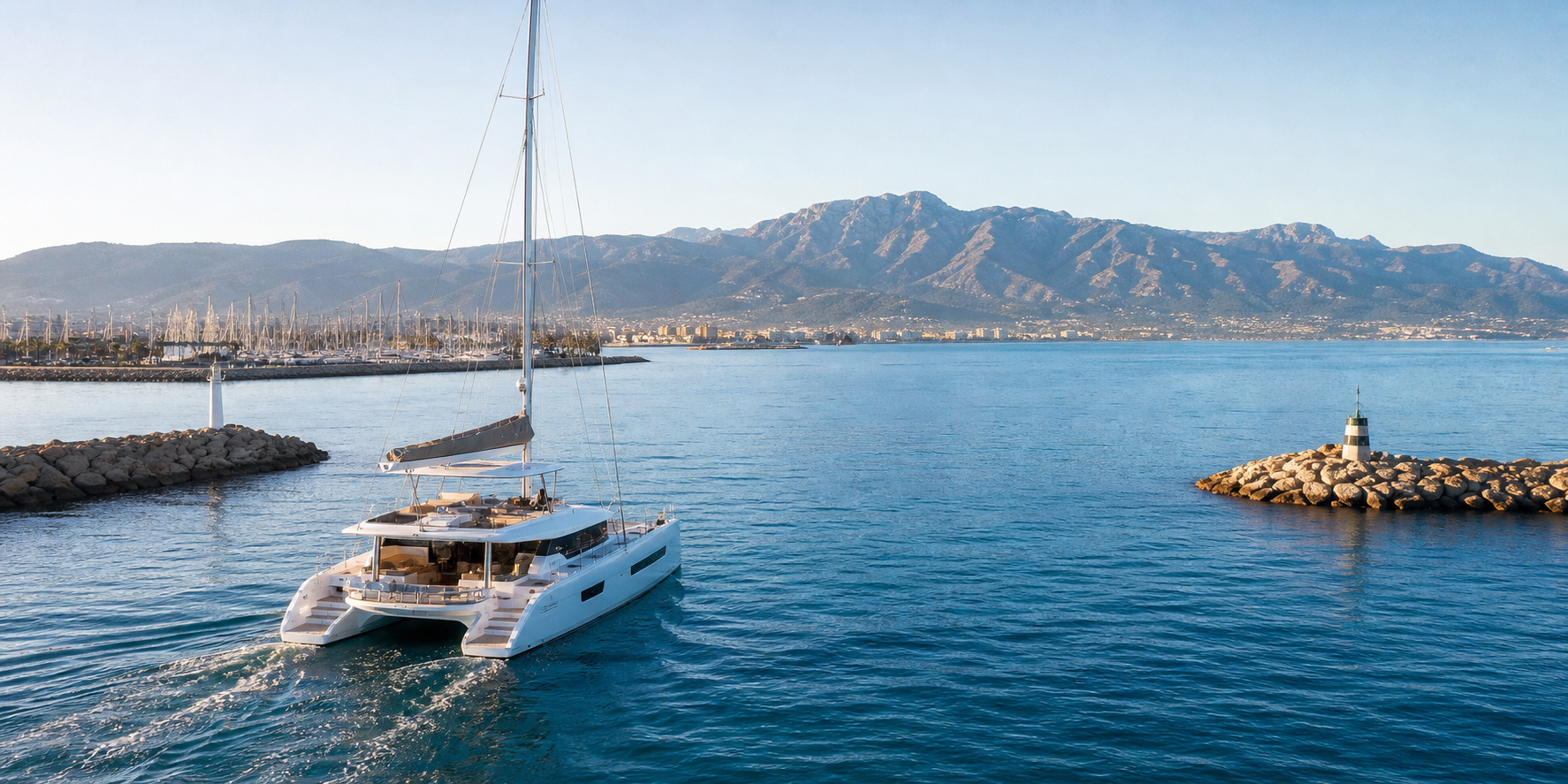Family boarding a catamaran in the Balearic Islands