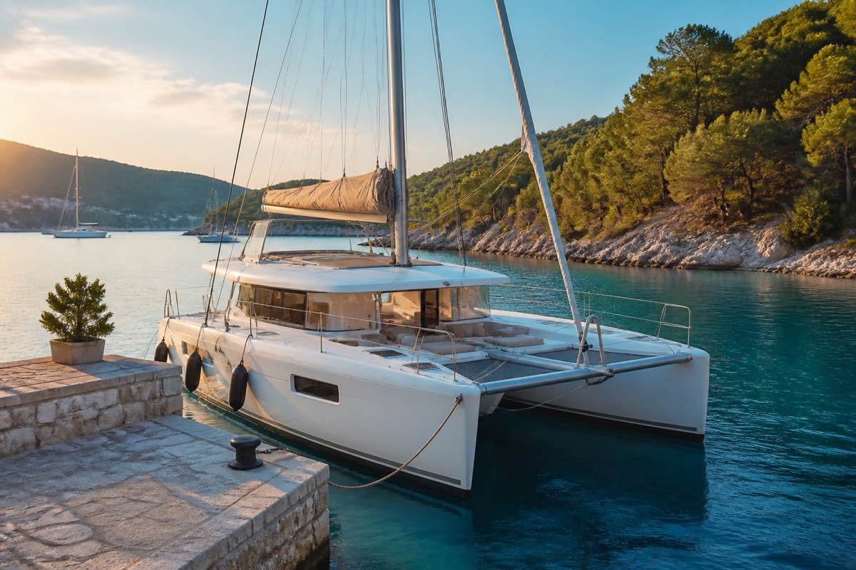 Sailing yacht anchored in clear Greek water beside a small island